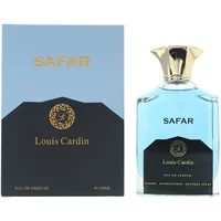 Louis Cardin Safar Eau De Parfum 100ml, blue bottle with gold cap, matching blue and black box with gold accents.