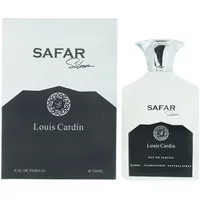 Louis Cardin Safar Silver Eau De Parfum 100ml with black and silver box, elegant white bottle, silver cap.