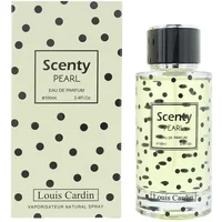 Clear glass bottle of Louis Cardin Scenty Pearl Eau De Parfum, black polka dots, with matching dotted box.