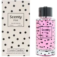 Clear glass bottle of Louis Cardin Scenty Pink Eau De Parfum, 100ml, with pink liquid and black polka dot design.