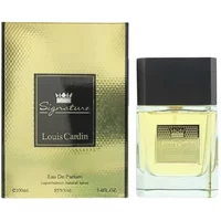 Louis Cardin Signature Eau De Parfum 100ml with gold box, black cap, and clear bottle showcasing light yellow liquid.