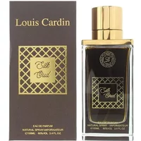 Louis Cardin Silk Oud Eau De Parfum 100ml, clear bottle with gold cap, black and gold label, matching box.