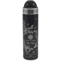 Black Louis Cardin Silver deodorant spray, 200ml, with floral design and silver cap.