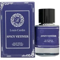 Louis Cardin Spicy Vetiver Eau De Parfum 100ml in a blue bottle with black cap, matching blue box with ornate design.