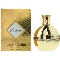 Gold round Louis Cardin Subsense Eau De Parfum bottle with matching gold box and elegant black text.