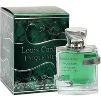 Louis Cardin Unique Men Eau De Parfum 100ml, clear glass bottle with green liquid and silver cap, green box.