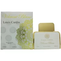 Louis Cardin Vibrant Blanc Eau De Parfum 95ml with gold cap, white rectangular bottle, and decorative gold accents.