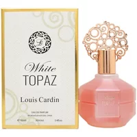 Louis Cardin White Topaz Eau De Parfum 100ml, pink bottle with ornate gold cap, next to white and gold box.