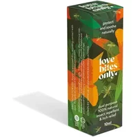 Love Bites Only 10ml insect repellant and itch relief in a dark green box with orange and yellow floral design.