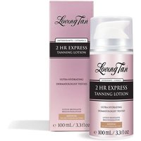 Pink Loving Tan 2 HR Express Tanning Lotion bottle with pump, 100ml, next to matching box with silver accents.
