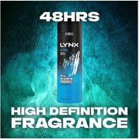 Lynx XL 48-Hour Power Spray Deodorant, blue can with black cap, bold white text, triple pack.