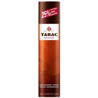 Brown and white Tabac Original deodorant spray can, 250ml, with red "25% extra free" label on top.