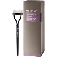 Black M2 Beauté eyelash comb with fine metal teeth, sleek handle, and matching gray box with purple accents.