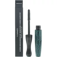 Black MAC mascara tube with teal pattern and wand, next to matching black box labeled "DIMENSIONAL BLACK."