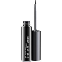 Black MAC Liquidlast Eyeliner with sleek cylindrical bottle and fine-tipped applicator, 2.5 ml capacity.
