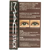 MAC MACStack Mascara box in chestnut brown with eye illustrations and text highlighting volume and length features.