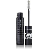 Black MAC Macstack Micro Mascara 12 ml with sleek striped design, silver accents, and a white bristle brush.