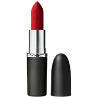 Black and silver MAC lipstick with red matte shade, bullet shape, and embossed logo.