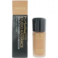 MAC Studio Radiance NW25 foundation with black cap and sleek beige bottle next to black box.