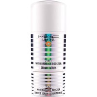 MAC Tinted 2-in-1 Serum, Dark Deep, in white cylindrical bottle with black stripes and blue logo.