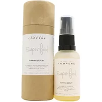 Made By Coopers Superfood Firming Serum 30ml, clear bottle with black pump, beige label, next to brown cylindrical box.