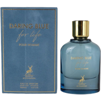 Maison Alhambra Daring Blue For Life Eau De Parfum, 100ml, blue bottle with gold cap, matching blue box.