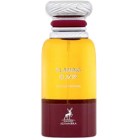 Maison Alhambra Flaming Elixir Eau De Parfum, 80ml, amber bottle with silver and maroon cap, elegant deer logo.