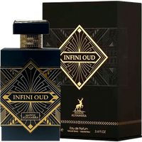 Black and gold Maison Alhambra Infini Oud Eau De Parfum bottle with geometric design and matching box.