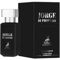 Black Maison Alhambra perfume bottle with silver cap, "Jorge Di Profumo" label, next to matching black box.