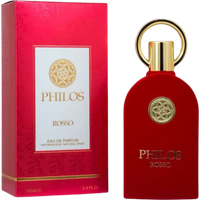 Red Maison Alhambra Philos Rosso Eau De Parfum bottle with gold cap and circular emblem, next to matching box.
