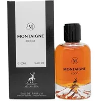 Maison Alhambra Montaigne Coco Eau De Parfum 100ml, amber liquid in clear bottle with black cap, box beside it.