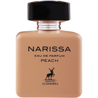 Maison Alhambra Narissa Peach Eau de Parfum, 100 ml, peach-colored bottle with black cap and elegant logo.