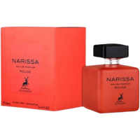 Maison Alhambra Narissa Rouge perfume, 100ml red square bottle with black cap, matching red box.