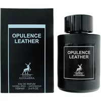 Maison Alhambra Opulence Leather Eau De Parfum 100ml, black bottle with matching box, white text and logo.