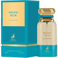 Maison Alhambra Pacific Blue perfume, gold bottle with ornate cap, turquoise and gold box, 80ml.