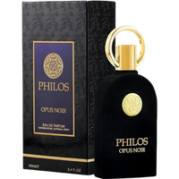 Black Maison Alhambra Philos Opus Noir Eau De Parfum, gold cap, circular emblem, with matching decorative box.