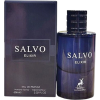 Maison Alhambra Salvo Elixir Eau De Parfum, 60ml, in a sleek dark blue bottle with silver text and matching box.