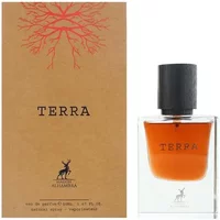 Maison Alhambra Terra Eau De Parfum 50ml, clear square bottle, black cap, amber liquid, brown box with red tree design.