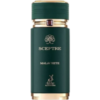 Green and gold Maison Alhambra Sceptre Malachite Eau De Parfum bottle, 100 ml, with elegant logo and text.