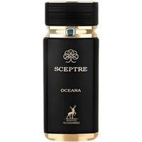 Black and gold Maison Alhambra Sceptre Oceana Eau De Parfum bottle, 100 ml, with ornate emblem and deer logo.