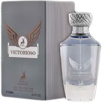 Maison Alhambra Victorioso Patchouli Eau De Parfum, 100ml bottle with winged emblem and textured silver cap.