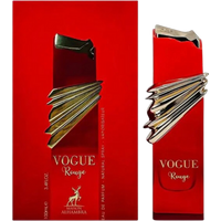Red Maison Alhambra Vogue Rouge perfume bottle with gold wing design, 100ml, beside matching red box.