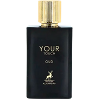 Black Maison Alhambra Your Touch Oud perfume bottle, gold cap, 100ml, with gold text and deer logo.