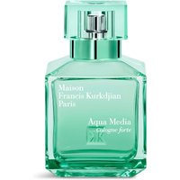 Transparent green glass bottle of Maison Francis Kurkdjian Aqua Media Cologne Forte Eau de Parfum with silver spray nozzle.