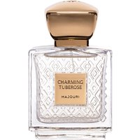 Majouri Charming Tuberose Eau de Parfum in clear square bottle with gold cap and textured diamond pattern.