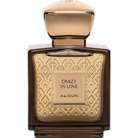 Majouri Crazy in Love 75 ml perfume in a gold-embossed, square glass bottle with a rounded gold cap.