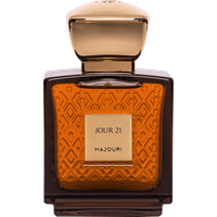 Amber Majouri Jour 21 perfume, 75 ml, in a square bottle with gold cap and geometric pattern.