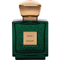 Dark green Majouri Jour 3 perfume bottle, 75 ml, with gold cap and intricate geometric pattern on the front.
