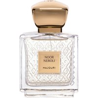 Clear glass Majouri Noor Neroli perfume bottle, 75 ml, with gold cap and geometric pattern.