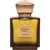 Majouri Oriental Soul 75 ml perfume in a square amber glass bottle with gold cap and intricate geometric pattern.